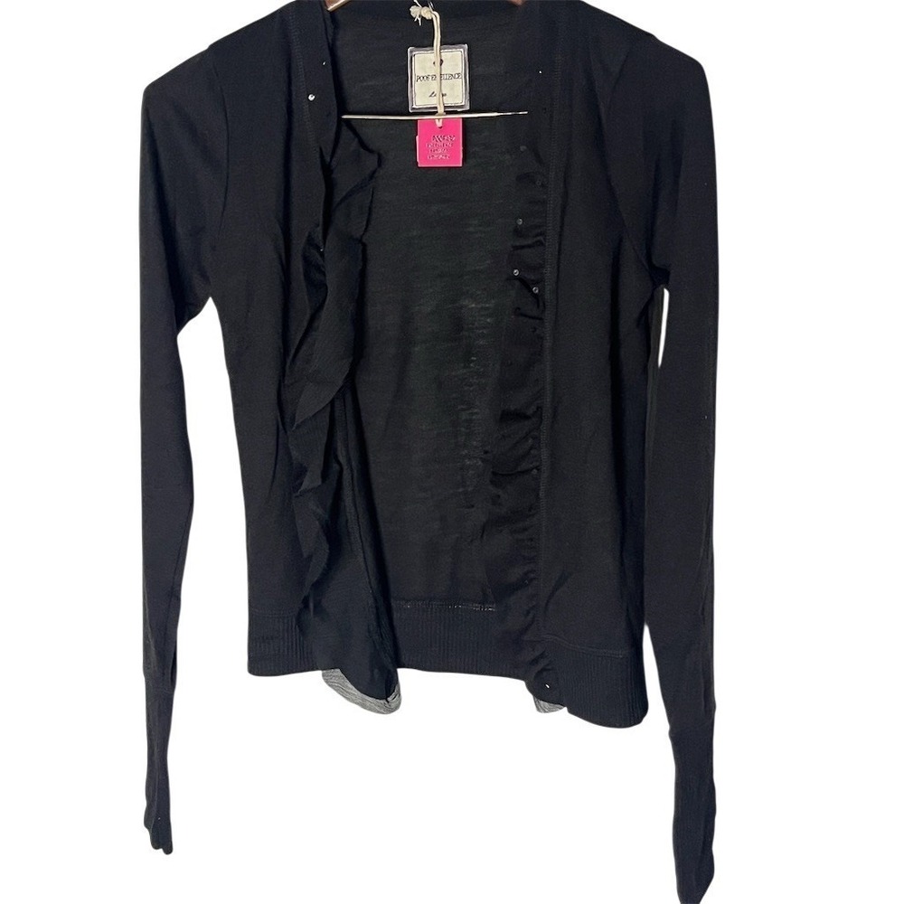 Poof! Clothing Cardigan Sweater Womens L Black Open Front Ruffle Trim - Picture 2 of 7